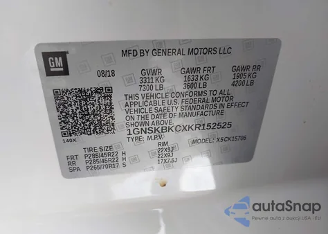 2019 Chevrolet Tahoe K1500 Lt z USA, uszkodzony, nr VIN 1GNSKBKCXKR152525